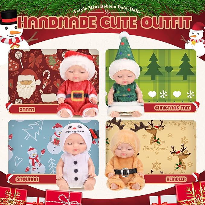Hanaive 4 Pcs 4 Inch Mini Baby Dolls Lifelike Realistic Baby Dolls Animal Clothes Cute Baby Valentine Tiny Babies Gifts Set for Girls Boys Toddlers Kids 3+ Birthday Baby Shower Favors (Santa Style)