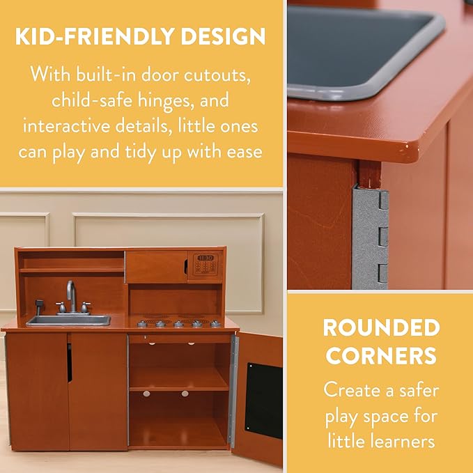 Chef's Station Kids Wooden Pretend Kitchen Playset, Play Kitchen, Dark Walnut