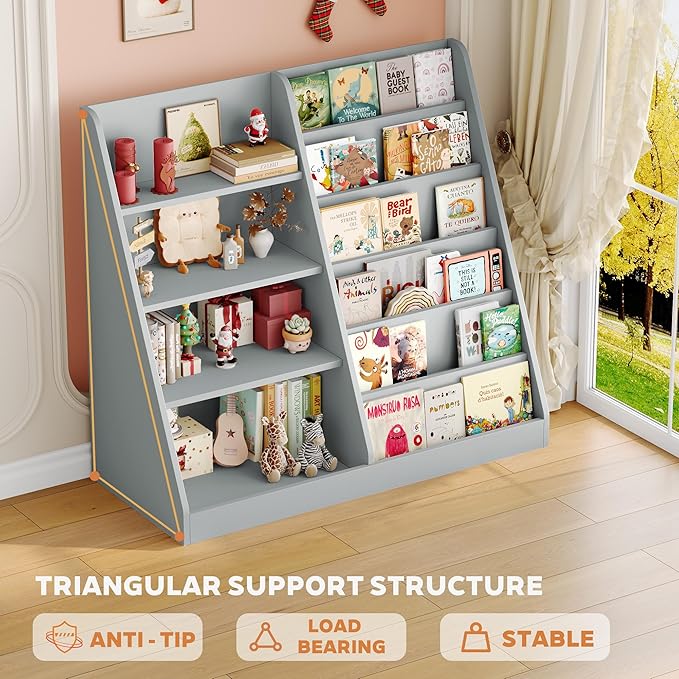 6 Tier Kids Bookshelf and Toy Storage Organizer, Child-Friendly Height & Stable Triangle Design, Toddler Book Shelf for Kids Room, Playroom, Bedroom, Classroom, Nursery, School, Grey