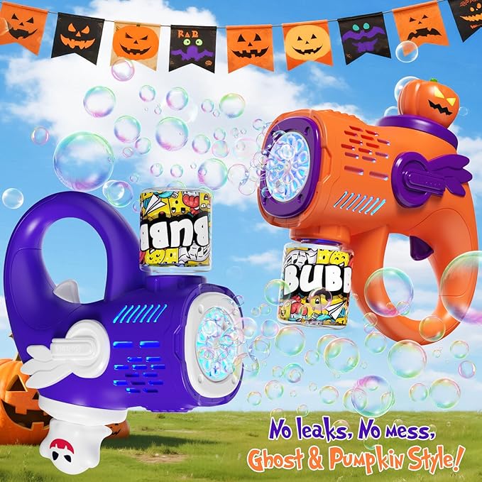 Halloween Bubble Gun Toys for Kids - 2 Light-Up Ghost & Pumpkin Bubble Machine with 10 Refill Packs - Fun Party Favors Trick or Treat Toy Boo Basket Stuffers for Kids Boys Girls