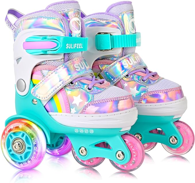 SULIFEEL Rainbow Unicorn 4 Size Adjustable Light up Roller Skates for Girls Boys for Kids