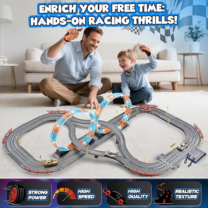 Slot Car Race Track Sets with 4 Slot Cars, 2 in 1 Electric Race Cars Track,Car Tracks,Dual Racing Game Lap Counter Circular Overpass Track, Gift Toy for Boys Kids Ages 6 7 8-12