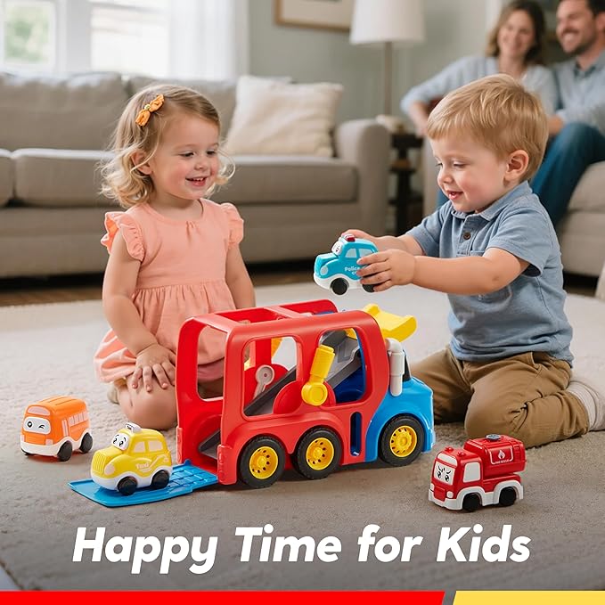 Toddler Truck Toys for Age 2-4, Carrier Transport Trucks for Kids 2 3 4 5 Year Old Boy, 4 Pack Car Toys Including School Bus, Taxi, Fire Engine and Police Car, Christmas Birthday Gift