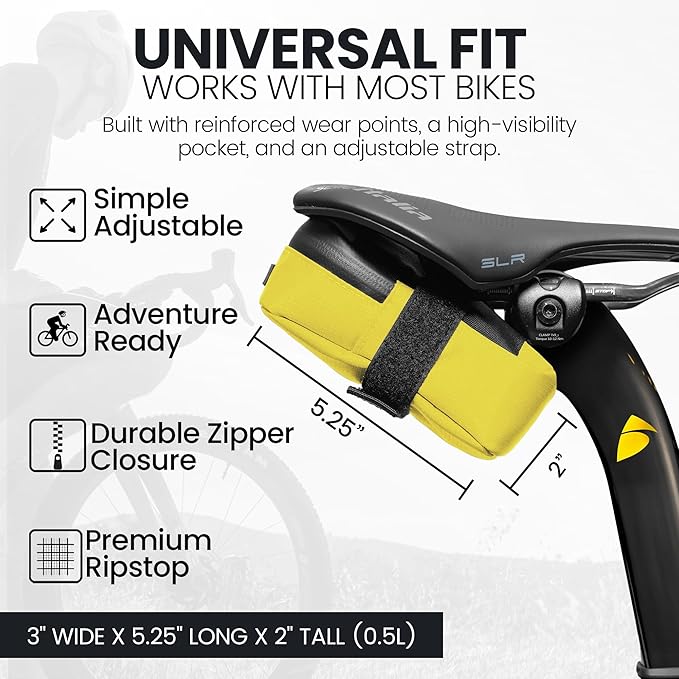Signature Bike Saddle Bag – Electric Yellow | 0.5L Bike Seat Bag (3" x 5.25" x 2") | Water-Resistant Ripstop, Waterproof Zipper, Internal Pocket | Durable Under Seat Storage