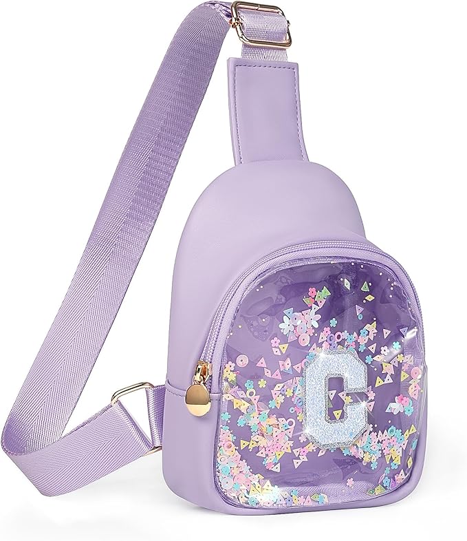 COSHAYSOO Purple Toddler Girls Sling Bag Purse Gifts for One Two Three Four Five Six Year Old Girl Birthday Party Favors, Cute Kids Small Mini Clear Crossbody Chest Shoulder Pouch Initial Letter C