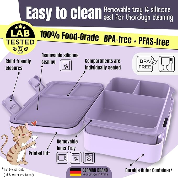 BEARFOOT Kids Lunch Box with Compartments – Compact & Lightweight | Leak-Proof, BPA-Free, Dishwasher & Microwave Safe | Hand-Drawn Design for Preschool, School, Travel (Sticker Purple, 4 Cups)