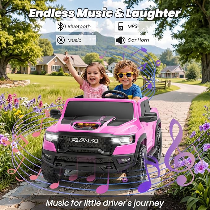 Licensed RAM 1500 RHO 24V Ride on Car for Kids, 2 Seater Pink Car for Girls w/Remote Control, Kids Electric Car with LED Lights, Bluetooth, Music, 4 Wheels Suspension, Truck Bed Storage(Pink)