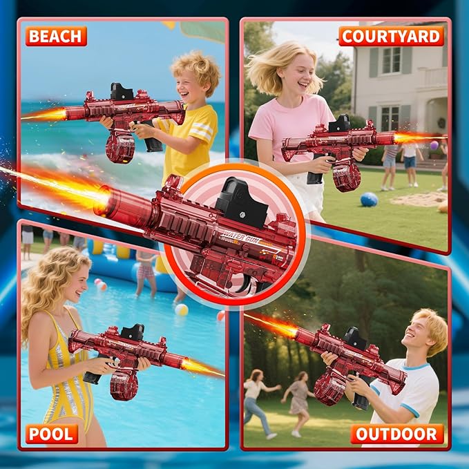 Electric Water Guns for Kids Adults, Transparent Automatic Squirt Guns, Summer Outdoor Beach Swimming Pool Party Toys (Red)