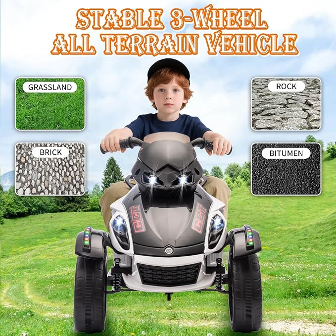 Xinyonxin 12V Kids Electric ATV, 3-Wheeler Motorcycle Ride on Toys for Toddlers w/Music, LED Lights, USB, One-Button Start, Forward/Reverse, Electric All-Terrain Car, Gift for Age 3+ (White)