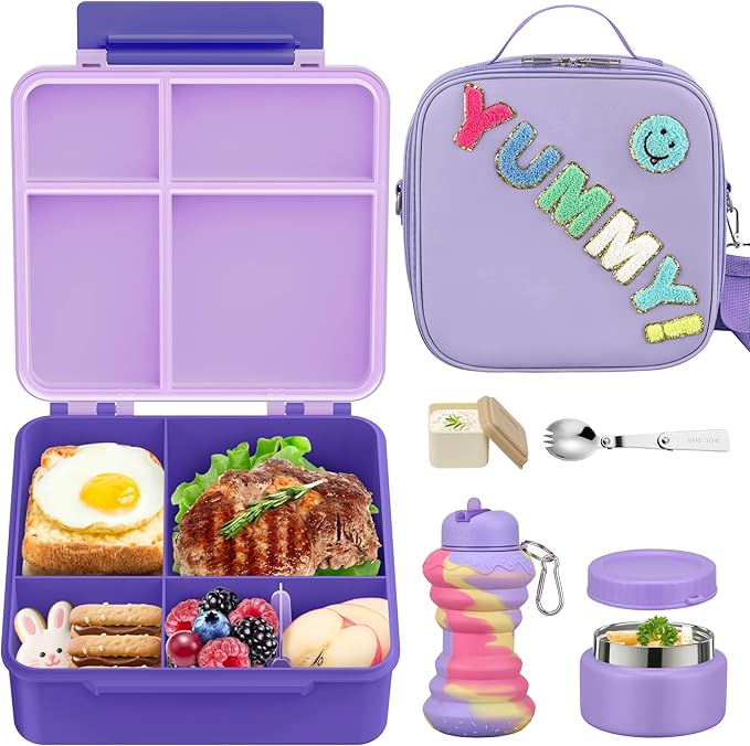 Bento Lunch Box with 10oz Soup Thermo for Kids Insulated Lunch Bag & Foldable Silicone Cup Food Leak Proof Food Container with 5 Compartment for Kid to Shool Travel