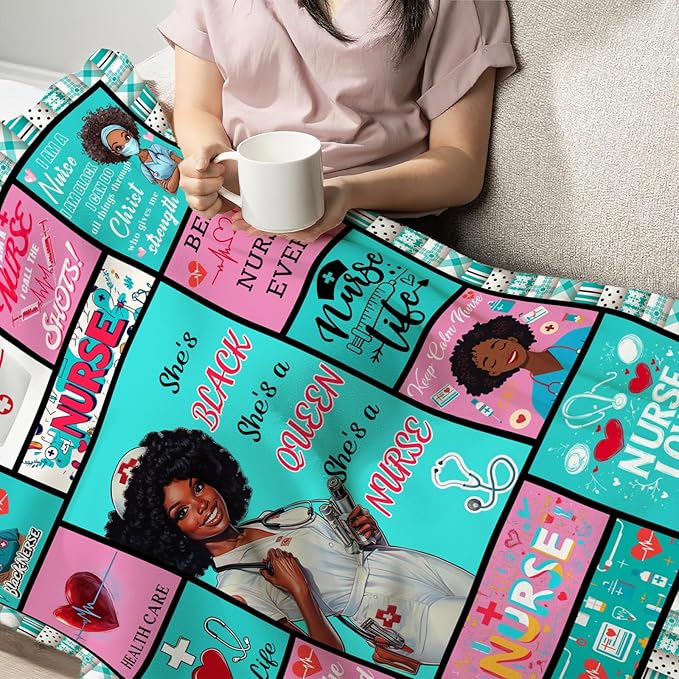 Black Nurse Blanket Gift for Women Ultra Soft Nursing Flannel Blanket Lightweight Cozy Print Blankets Gift for Couch Sofa Bed 80" x 60"