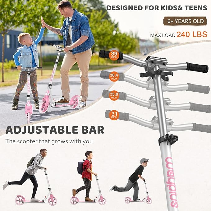 Kick Scooter for Ages 6+,Kid, Teens & Adults. Max Load 240 LBS. Foldable, Lightweight, 8IN Big Wheels for Kids, Teen and Adults, 4 Adjustable Levels. Bearing ABEC9