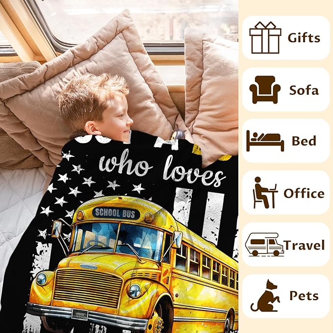 Custom School Bus Blanket for Boys, Cute Throw Blanket Gifts for Kids Truck Lovers, Personalized 60x80 Inches Black Soft Fuzzy Blankets for Sofa Couch Bed Travel