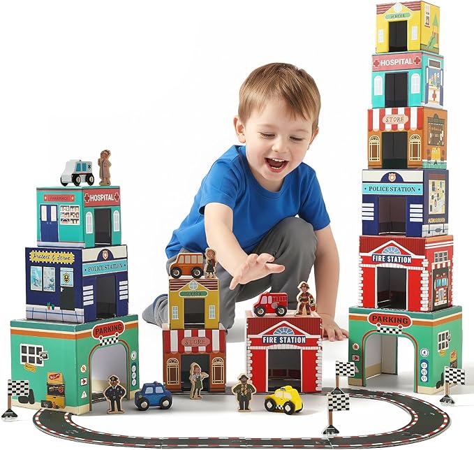 Youuys 3-in-1 Sorting and Stacking Toys for Toddlers 1-3 with Building Blocks, Wooden Community Helpers, Montessori Nesting Boxes for Preschool Learning Stocking Stuffers for Boys Girls