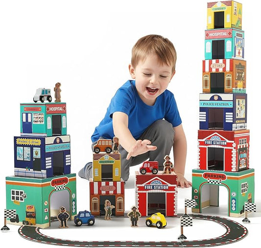 Youuys 3-in-1 Sorting and Stacking Toys for Toddlers 1-3 with Building Blocks, Wooden Community Helpers, Montessori Nesting Boxes for Preschool Learning Stocking Stuffers for Boys Girls