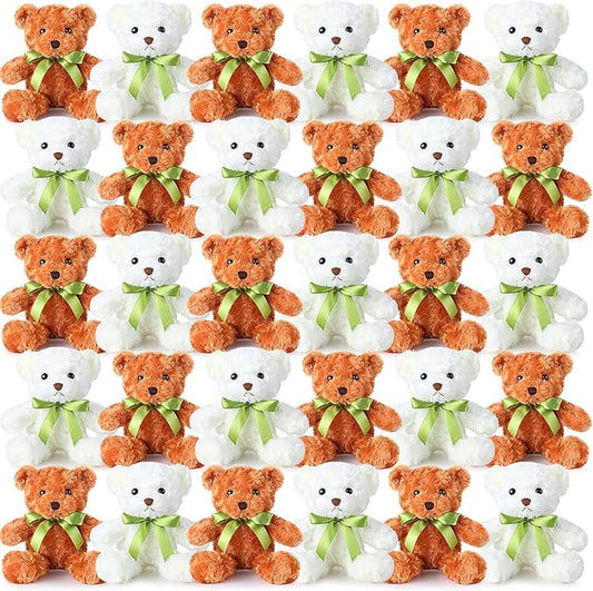 Hungdao 36 Pcs 10 Inch Plush Bears Bulk Stuffed Animals Cute Soft Toys Gifts with Ribbon White and Light Brown Shaggy Bears with Green Bow for Birthday Gift Baby Shower Wedding Decor
