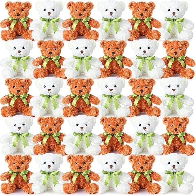Hungdao 30 Pcs 10 Inch Plush Bears Bulk Stuffed Animals Cute Soft Toys Gifts with Ribbon White and Light Brown Shaggy Bears with Green Bow for Birthday Gift Baby Shower Wedding Decor