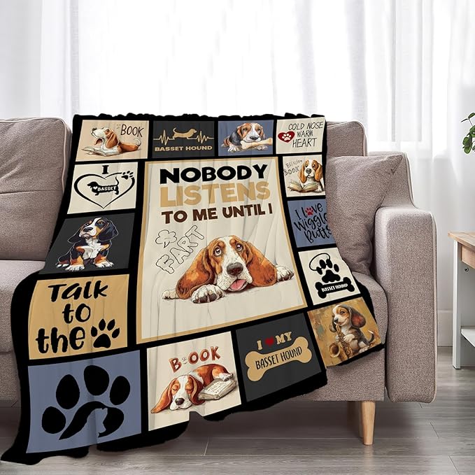 Basset Hound Blanket Fleece Soft Warm Plush Cute Dog Throw Blanket Lightweight Plush Fuzzy Cozy Dogs Animal Blankets Gift for Girls Boys Kids Adult Suitable for Couch Sofa Bed 80"X60"