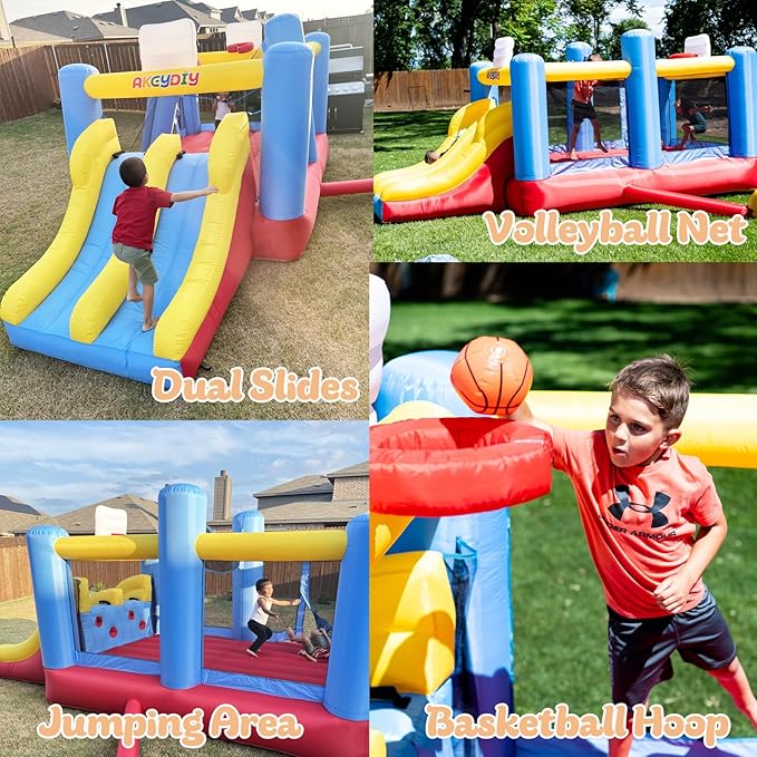 AKEYDIY Inflatable Bounce House with Dual Racing Slides – Large Bounce Area, Basketball Hoop, Removable Volleyball Net | Heavy-Duty for Outdoor Fun | Includes 550W Blower Kids Party