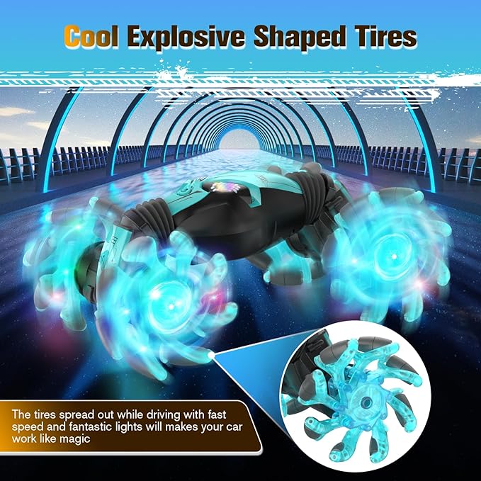 1:12 Gesture Sensing RC Stunt Car, 4WD Hand Controlled Remote Control Twist Cars with Light & Music, 360° Rotate Transform Drift, Gifts for 6-8-12 Kids Age 6 7 8 9 10 11 12 Yrs Old‌(Bule)