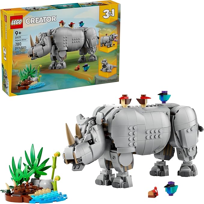 LEGO Creator 3 in 1 Wild Animals: Majestic Rhino with Birds Building Toys for Kids - Safari Pretend Play Toys for Girls & Boys, Ages 9+ - Gift for Christmas - 31171