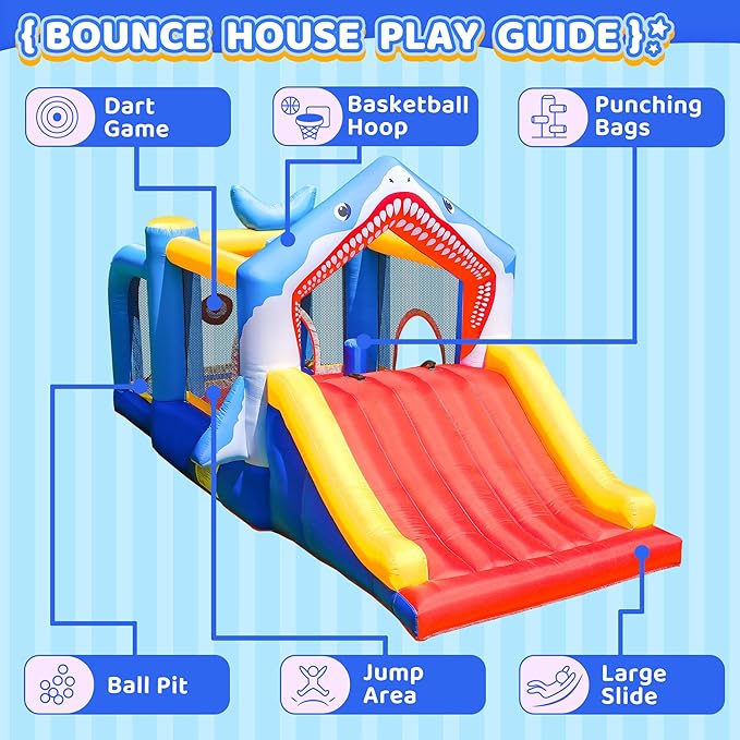 Bounce House Toddler Ball Pit Inflatable Slide Bouncer Jumper Shark Bouncy Castle Park for Kids 2-12 Indoor or Outdoor, Wet and Dry