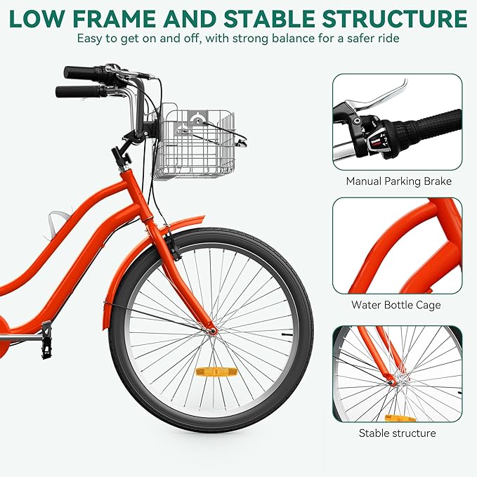 YITAHOME 24 & 26 Inch Adult Tricycle, 1 & 7 Speed 3 Wheel Bikes, Large Seat with Backrest Trike for Adults with Front & Rear Baskets, Cruiser Bike for Seniors Women Men Commute Picnic Outdoor