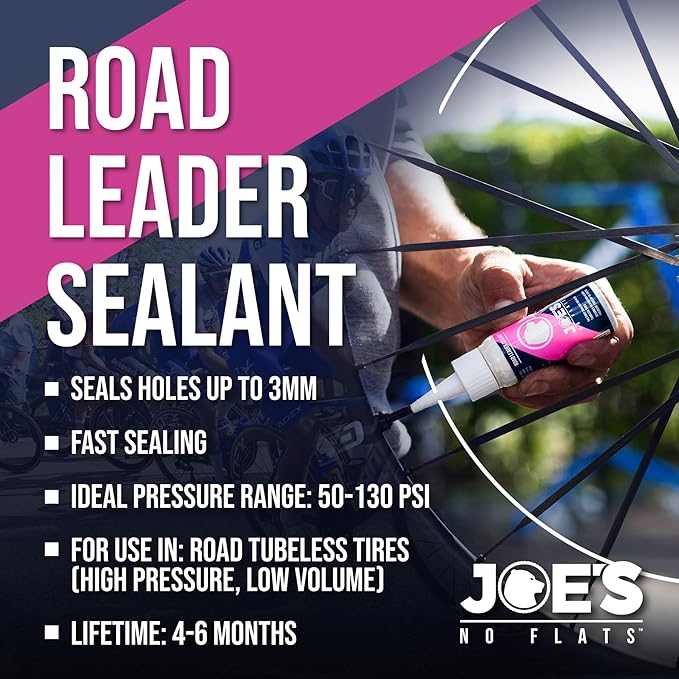 JOE'S NO FLATS Road Leader Sealant - Use for Low Volume High Pressure Road Bike Tires - Road Bike Tubeless Tire Sealant
