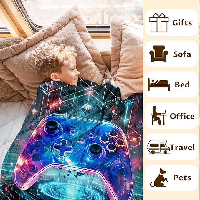 Gamer Gifts - 50x40 Inches Small Gaming Blanket for Kids, Teens - Soft Cozy Blankets for Couch, Travel, Camping - Cool Flannel Throws Gifts for Gamer Room Decor for All Seasons