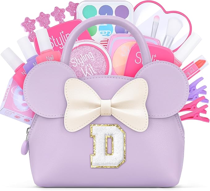 Pretend Makeup Kit for Toddlers Kids- 21Pcs Make Up Toys with Initial Toddler Purse - Birthday Gifts for 3 4 5 Years Old Girls Vanity Set Christmas Birthday Gift Purple D