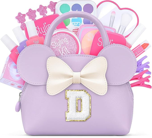 Pretend Makeup Kit for Toddlers Kids- 21Pcs Make Up Toys with Initial Toddler Purse - Birthday Gifts for 3 4 5 Years Old Girls Vanity Set Christmas Birthday Gift Purple D