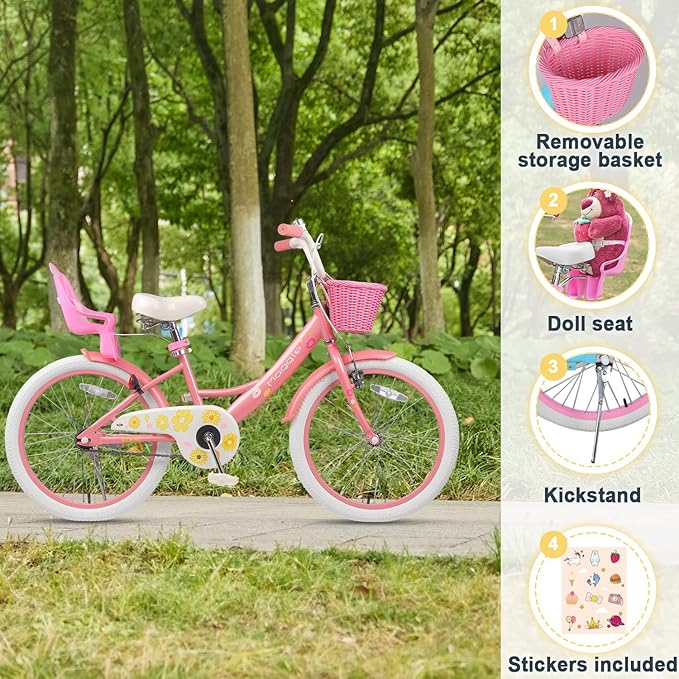 Glerc Maggie Girls Bike, 12-20 Inch Kids Bike for 2-13 Years Old Children, Princess Style Kids Bicycle with Doll-Seat & Basket & Training Wheels, Multiple Colors