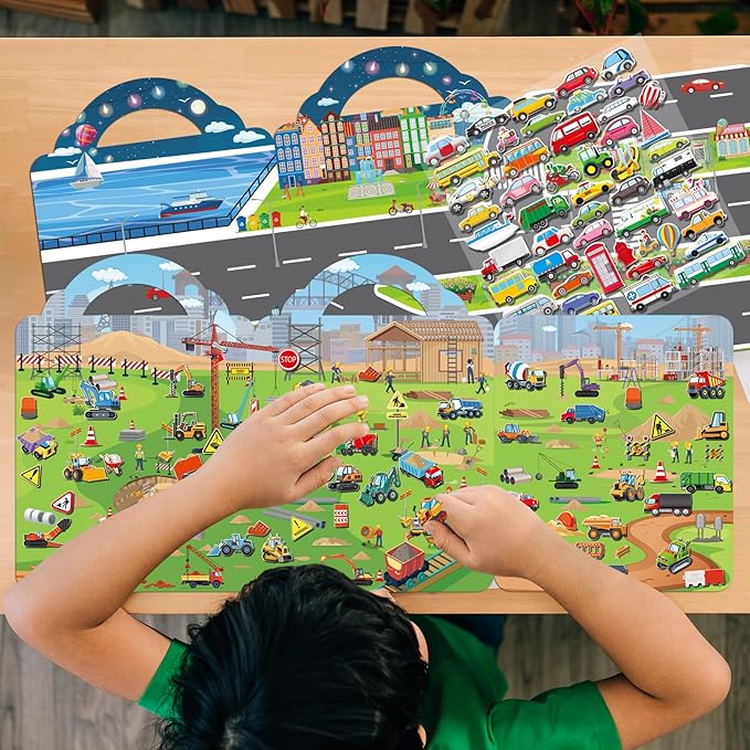 2 Pack Puffy Sticker Books for Kids Ages 3-5, Construction Truck and Vehicle Car Stickers for Toddlers Boys, 3D Reusable Stickers Books for Toddlers, Activity Book for Boys Party