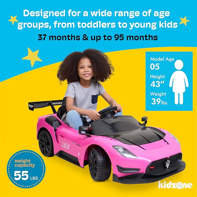 Kidzone 12V Ride On Car for Kids,Licensed Maserati GT2 Electric Battery Powered Sports Car Toy w/Remote Control & Manual Drive, LED Lights, Bluetooth & USB & AUX Port - Pink