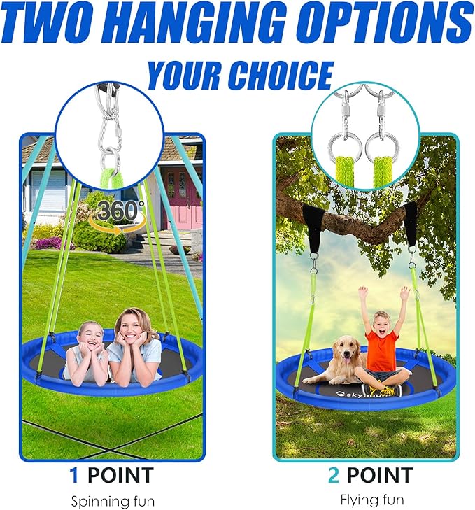 Skybound 43" Saucer Swing for Kids Outdoor - Durable Textilene Fabric, Galvanized Steel Frame, 600lbs Capacity, Adjustable Ropes (Blue)