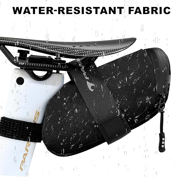 PARDUS Bike Saddle Bag, Water Resistant Bicycle Seat Bag, Durable Under Seat Storage Pouch with Multi-Tool Sleeves, Small Compact Bike Bag, Black