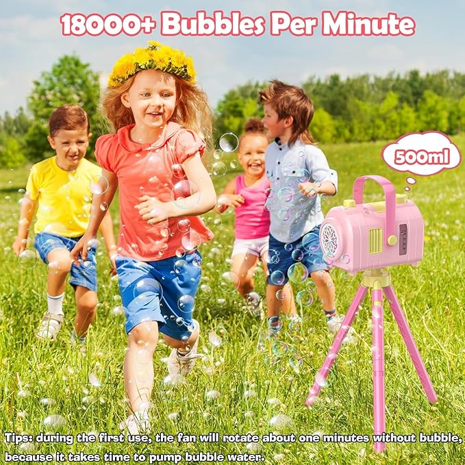 Bubble Machine Large Capacity, Automatic Kids Bubble Blower with 10 Holes 2 Speeds 17oz/500ml, Rechargeable Portable Bubble Toy with Tripod for Indoor, Outdoor, Birthday, Parties (Pink)