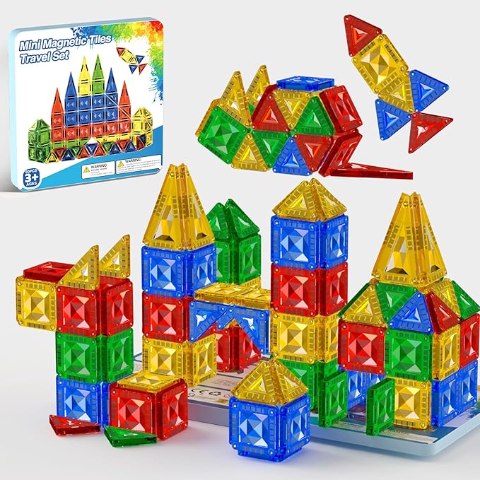 60pcs Mini Magnetic Tiles for Kids Ages 3-8,Travel Magnetic Building Blocks with Metal Storage Box, STEM Educational Toys, Montessori Sensory Learning Toys for Toddlers, Boys & Girls Christmas Gift