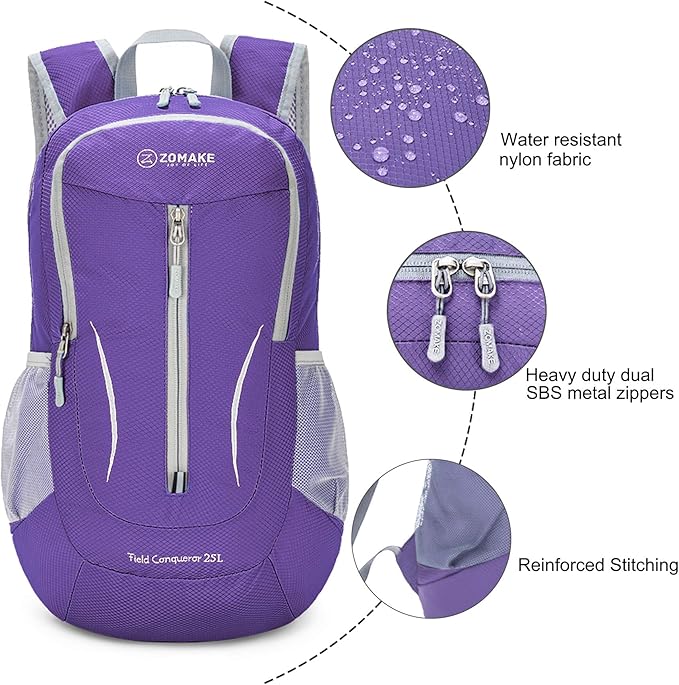 ZOMAKE Ultra Lightweight Packable Backpack 25L, Foldable Hiking Backpacks Water Resistant Small Folding Daypack for Travel(Purple)