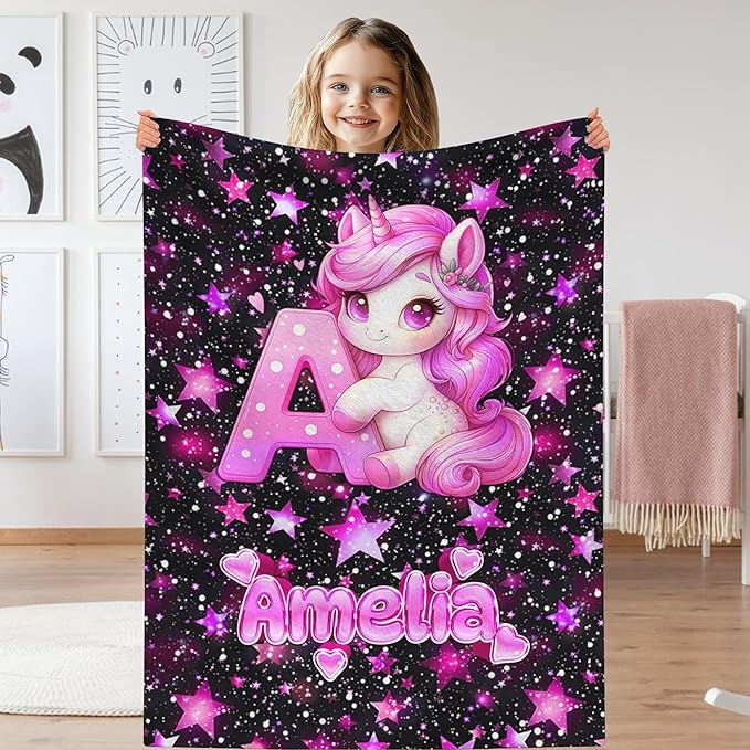 Custom Girl Blanket with Name Personalized Unicorn Blanket Gift for Newborn, Toddler, Teens to Adult for Birthday, Baby Shower, Christmas (Girl-01)