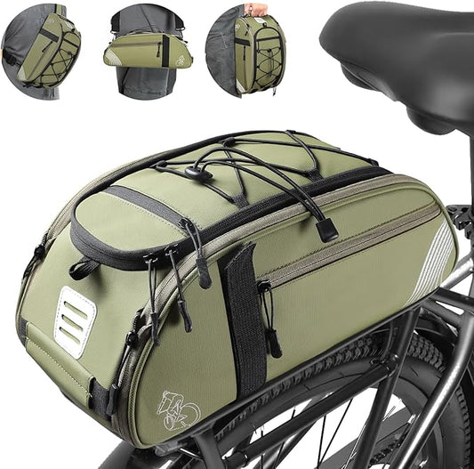 Rear Bike Rack Bag Waterproof Bike Bags with Reflector, Rain Cover & Shoulder Strap for Commuter Travel Outdoor, Green