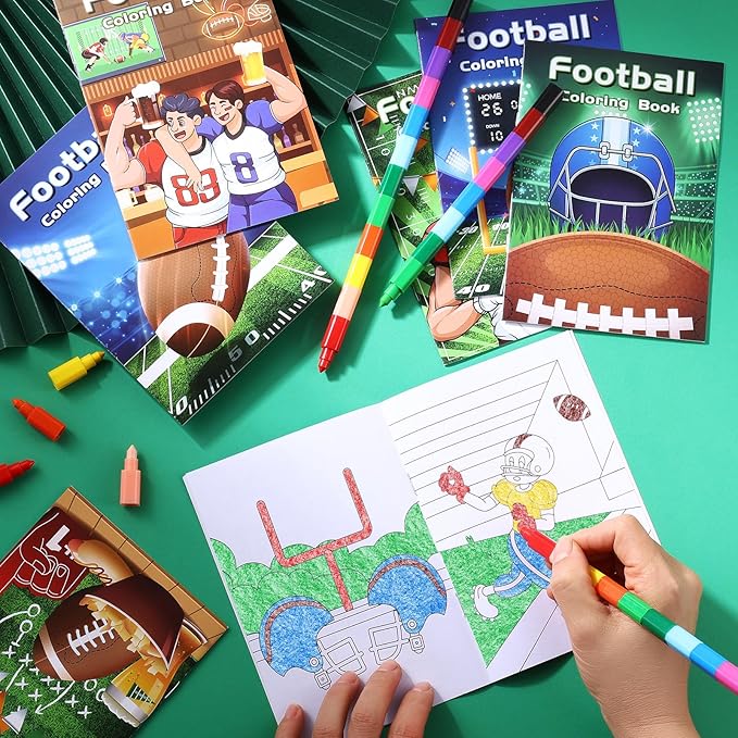 BenLouis 12 Football Mini Coloring Books Kids with 12 Stacking Crayons Sports Football Theme Party Favors Small Activity Books Bulk for Kids Super Football Bowl Party Gift Goodie Bag Stuffers