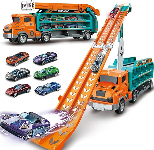 Toddler Car Truck Toys,Car Carrier Truck Toy for Kids Age 3-5 4-8,Foldable Car Track Sets with 2.8-Ft Race Track and 6 Die-Cast Race Cars, Truck Toys Gifts for 3 4 5 6 7 8+ Year Old Boys Girls(orange)