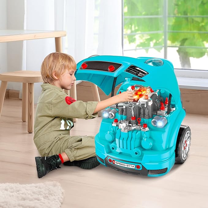 Qaba Truck Engine Toy, Kids Mechanic Set with Lights, Sounds, Steering Wheel and Horn, Pretend Car Service Station Play with 61-Piece Included, Toy Engine Building Kit for Kids Aged 3+, Blue