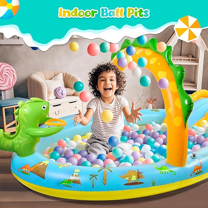 SULIFEEL Dinosaurs Inflatable Play Center Kiddie Pool with Slide and Sprinkler for Children, 96''x59''x39'' Baby Pool for Backyard and Garden, Free Inflatable Pump