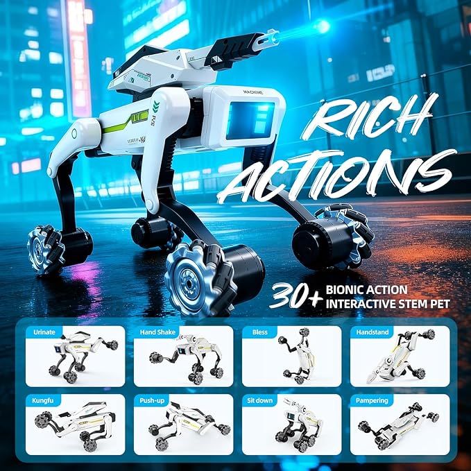 3 in 1 Robot Dog with Wheels Kit, 30+ Bionic Actions, Voice & Remote Control, Programmable Moves, Rechargeable Battery, All-Terrain Stunt Pet Toy for Kids(Removable Claw & Cannon)
