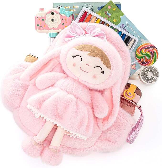 Gloveleya Toddler Backpack Plush Bag with Soft Pink Rabbit Doll Detachable Design 11inches Gift for Baby Girl 2+...