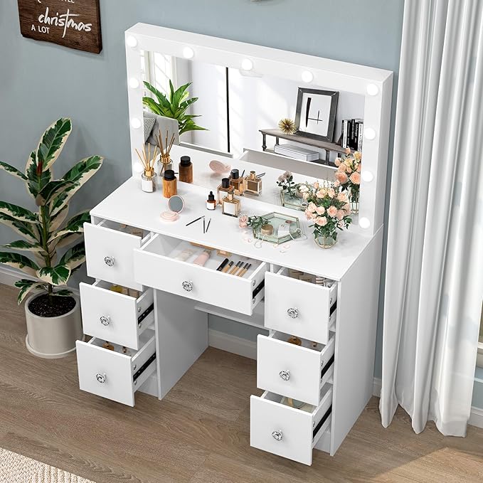 White Vanity Desk with Large Lighted Mirror, 39.4''W Makeup Vanity Desk with Lighted Mirror, Drawers, 3-Color Adjustable Brightness, Big Vanity Desk Dressing Table for Bedroom, Girls, Women Gifts