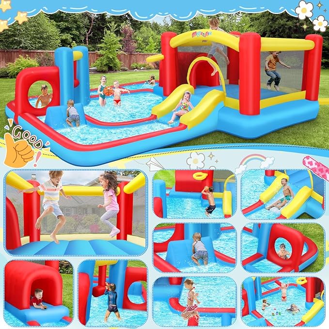 AKEYDIY Bounce House for Kids 3-10,Tunnel Obstacle, Dual Slides- Inflatable Obstacle Course Bounce House,Adventure Maze Inflatable Water Slides Park for Kids Indoor Backyard