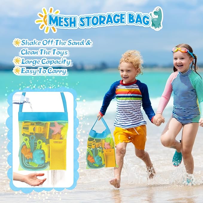 Beach Toys, 31Pcs Sand Toys with 2 Construction Vehicle and 2 Collapsible Beach Bucket, Sand Castle Building Kit, Sand Molds, Shovel Set, Mesh Bag, Summer Toys for Kids Ages 4-8